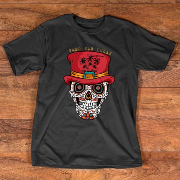 cabo san lucas sugar skull & hat souvenir t-shirt