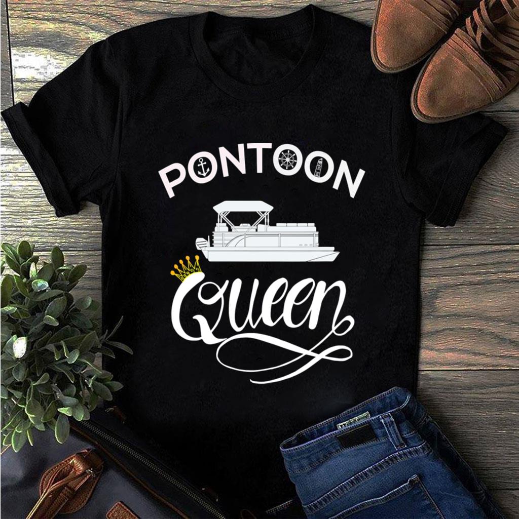 Pontoon Queen Boat Accessories T-Shirt For Women Black With Crown With Anchor pic picture