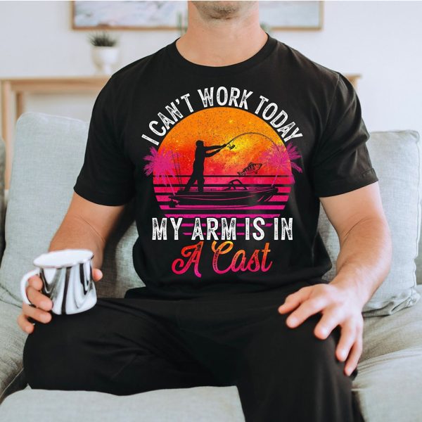 retro i can't work today my arm is in cast fishing t shirt