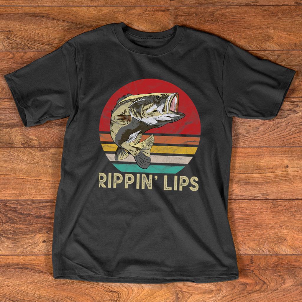 Rippin Lips Retro Vintage Bass Fishing T-Shirt For Unisex Black With Yellow  Text And Striped Bass - TheKingShirtS