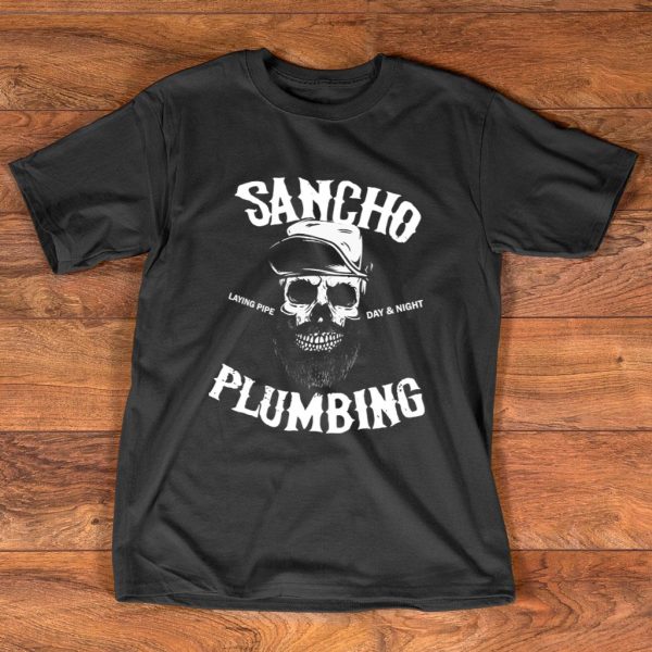sancho laying pipe day and night plumbing skull beard t-shirt