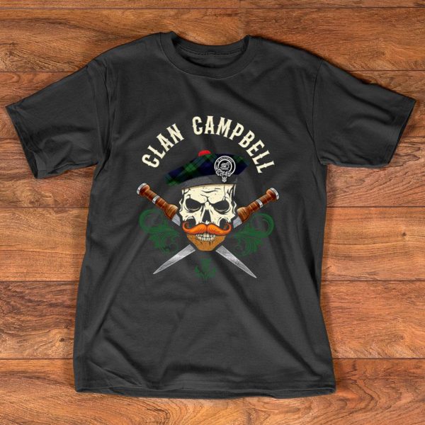 scottish clan campbell bad ass skull with tam clan badge t-shirt