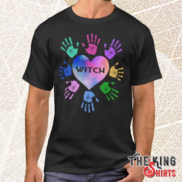 witch with colorful hand heart t shirt