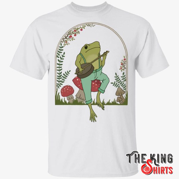 frog playing banjo on mushroom shirt